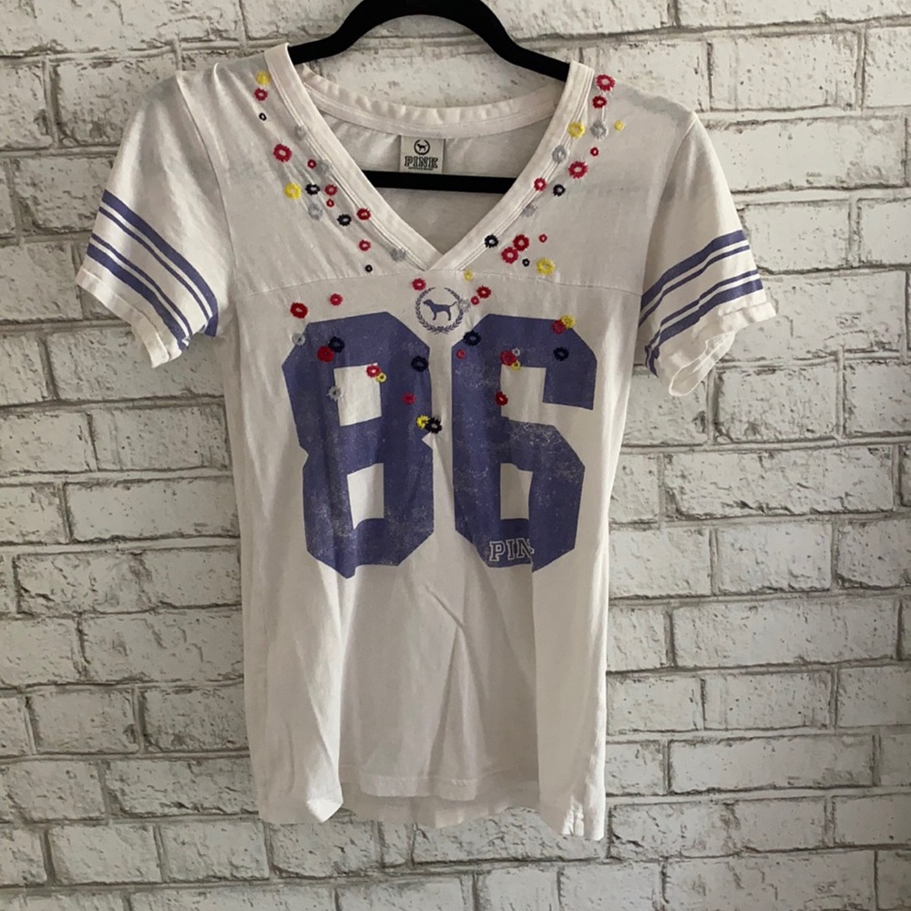 PINK, v-neck, white T-shirt